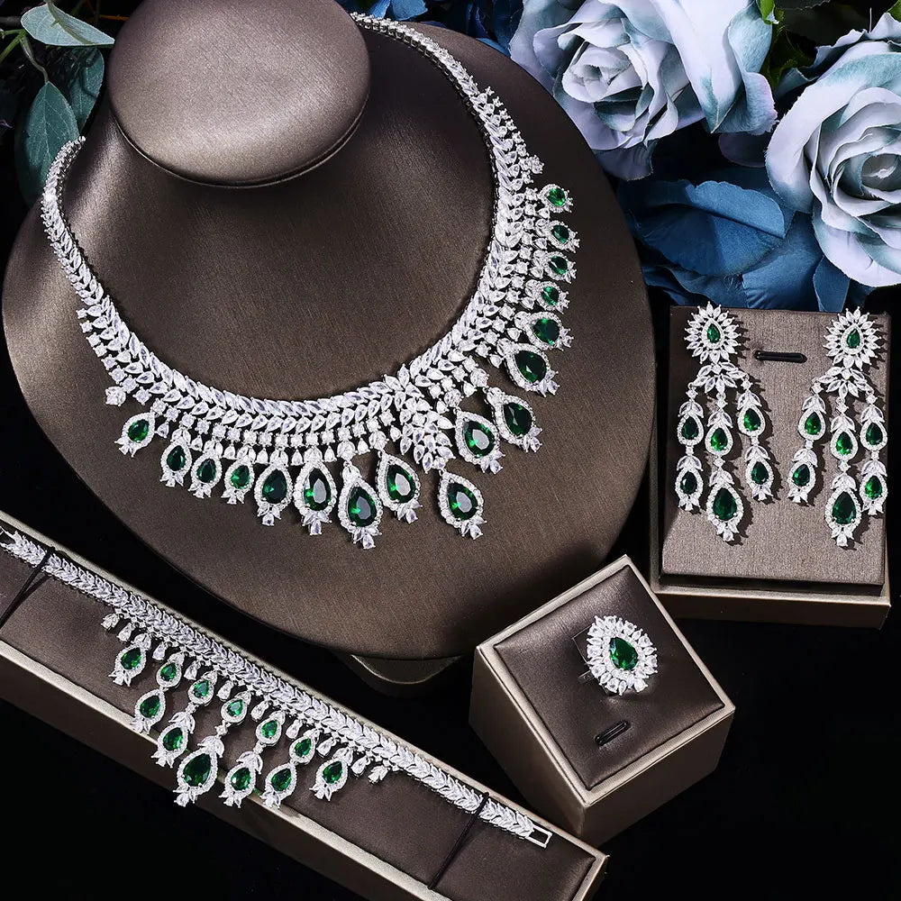 2024 Hot Selling 3A Zircon Luxury 4-Piece Bridal Wedding Jewelry Set Crystal Necklace Set Dubai Jewelry Set