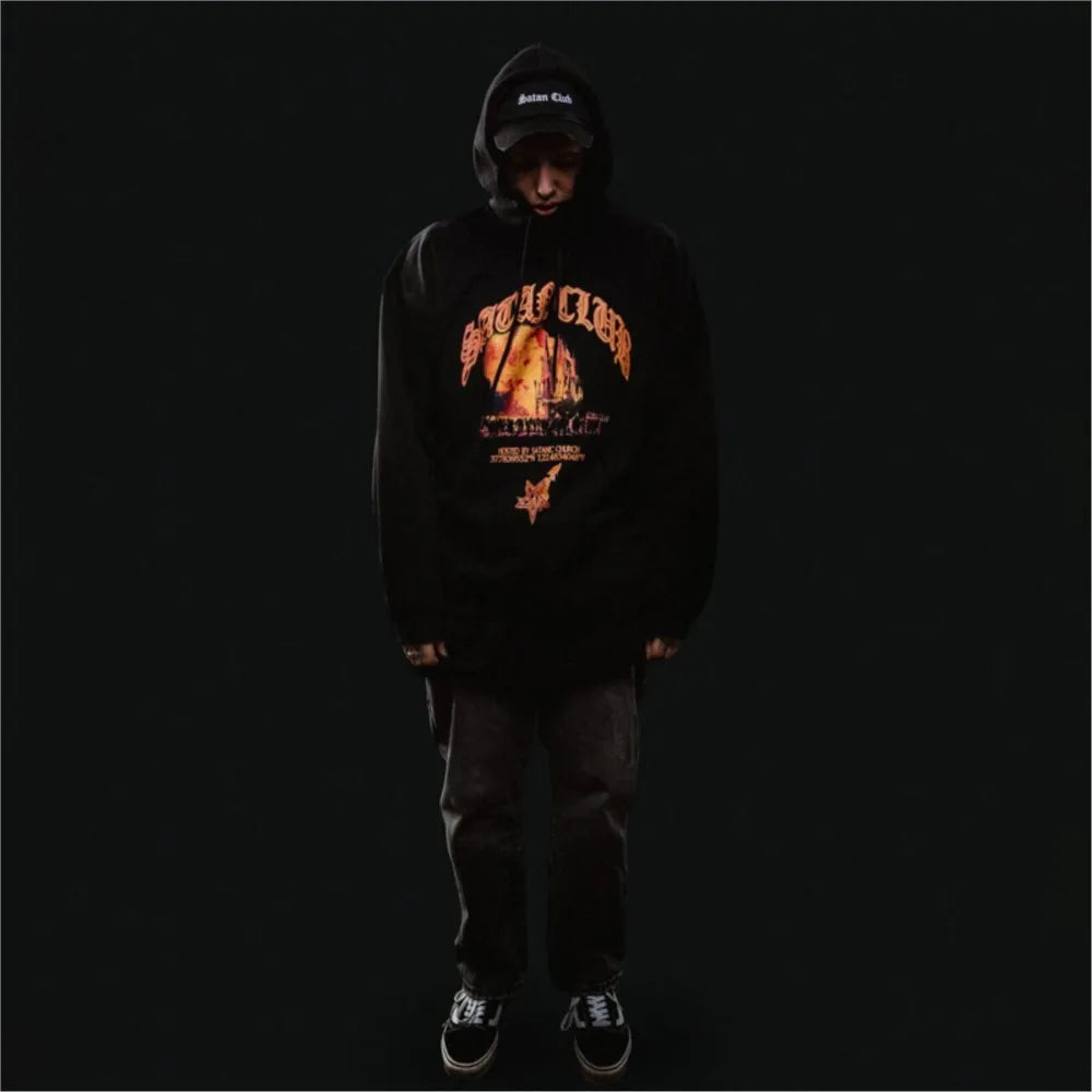 Hip Hop Streetwear Men Hoodie Oversized Pullover Satan Club Graphic Print Y2K Hooded Sweatshirt Harajuku Goth Aesthetic Clothing