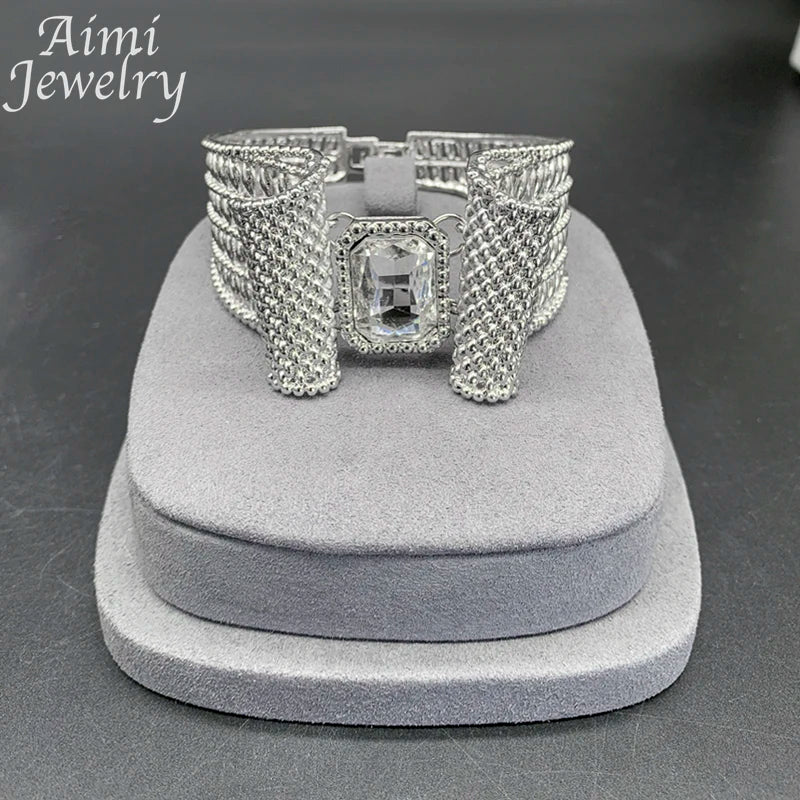 Retro Gemstone Necklace Earrings Bracelet Ring Rhinestone Silver Plated Jewelry Set for Women African Bridal Wedding Party Gifts (143)
