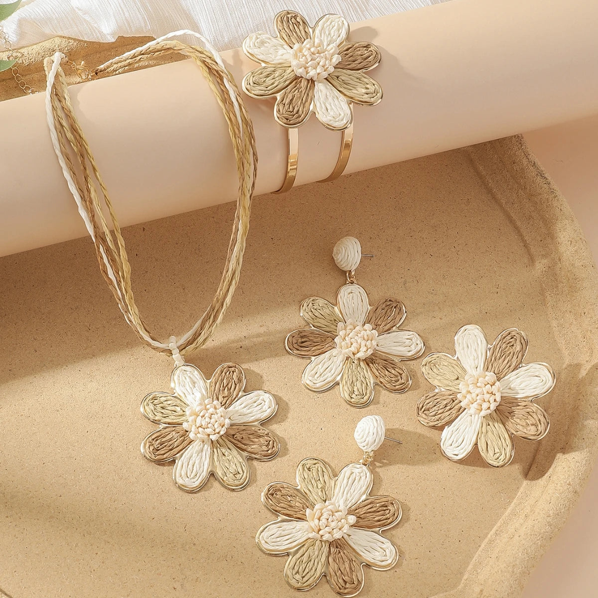 5Pcs/Set Handmade Raffia Woven Earrings Necklace Bracelet Ring for Women Summer Boho Geometric Rattan Knit Jewelry Sets Gifts (118)