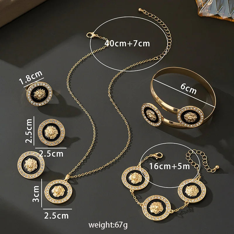 5PCS Lion Head Jewelry Set for Women Men'S Zircon Dripping Oil Animal Pendant Necklace Bangles Chains Bracelet Earring Post Ring (147)