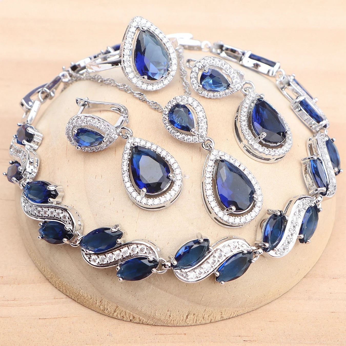 925 Silver Bridal Jewelry Sets for Women Blue Zircon Wedding Earrings Rings Bracelets Pendant Necklace Set (158)