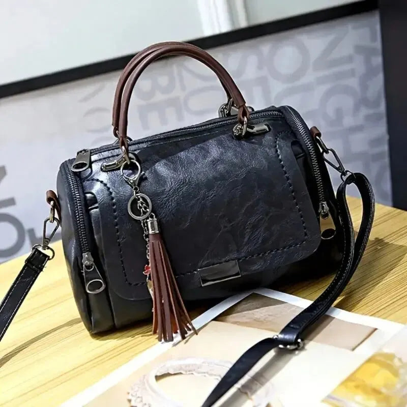 Tassel Decor Women'S Large Capacity Shoulder Bag Fashion Zipper Crossbody Bag with Removable Strap Boston Handbag (036)