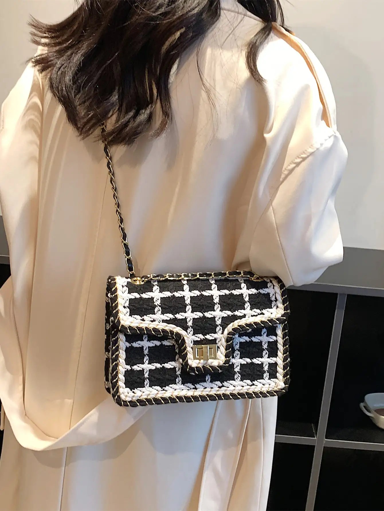 Black & White Plaid Casual Shoulder Bag Crossbody Handbag Women'S Shoulder Bags Handbags with Top Handle Fashion Square Bag (034)