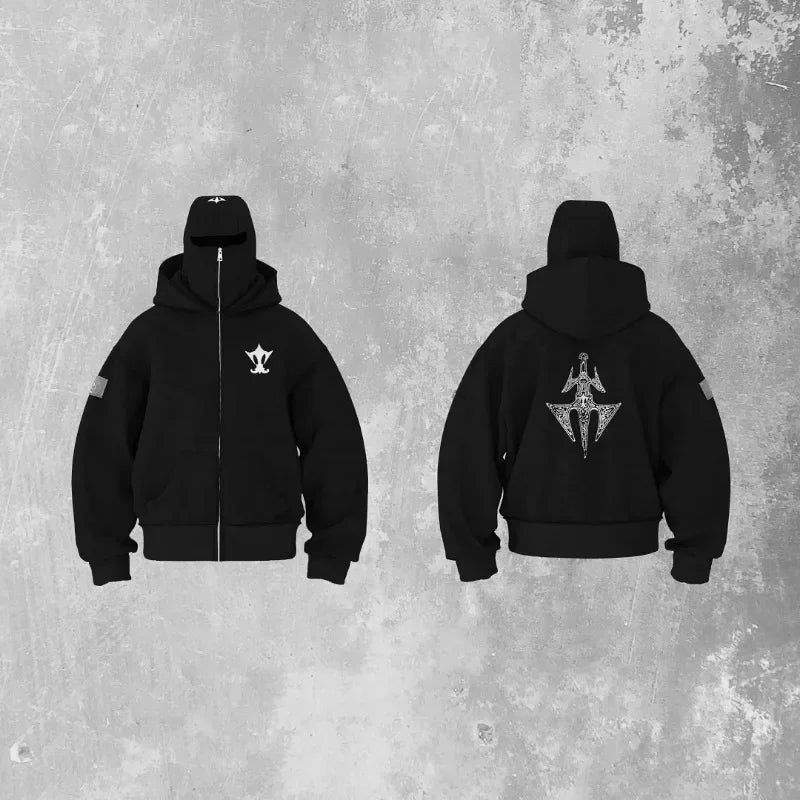 Y2K Fashion Retro Hoodie Harajuku Super Large Embroidery Double Hat Design Zipper Hoodie Gothic New Men Women Hip Hop Streetwear