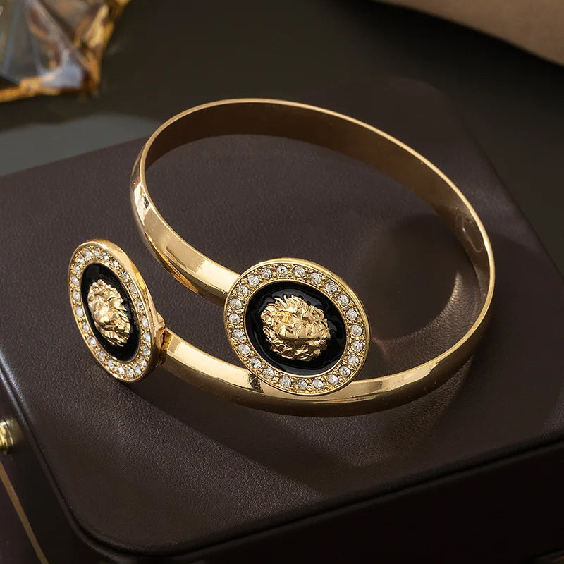 5PCS Lion Head Jewelry Set for Women Men'S Zircon Dripping Oil Animal Pendant Necklace Bangles Chains Bracelet Earring Post Ring (147)