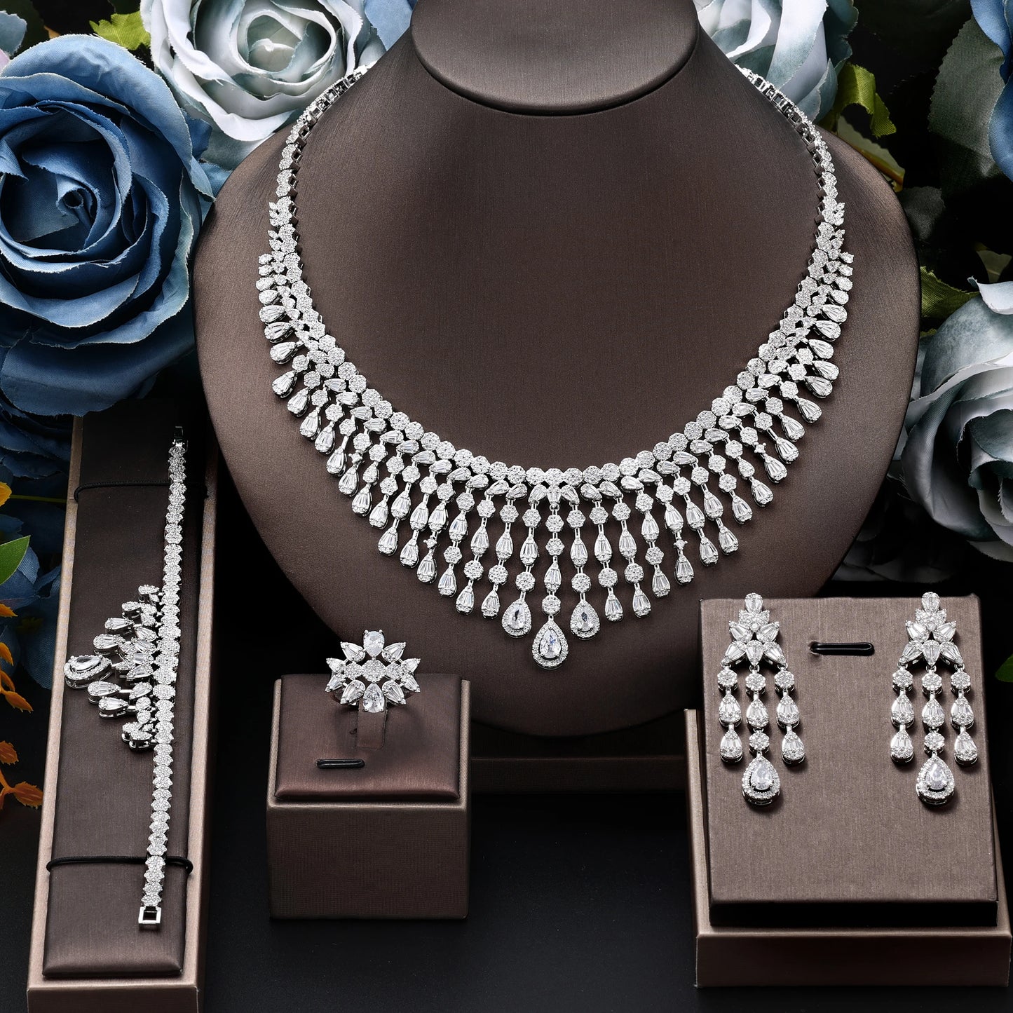 2024 Hot Selling 4-Piece Bride Wedding Jewelry Set with Cubic Zirconia Dubai Luxury Jewelry Set