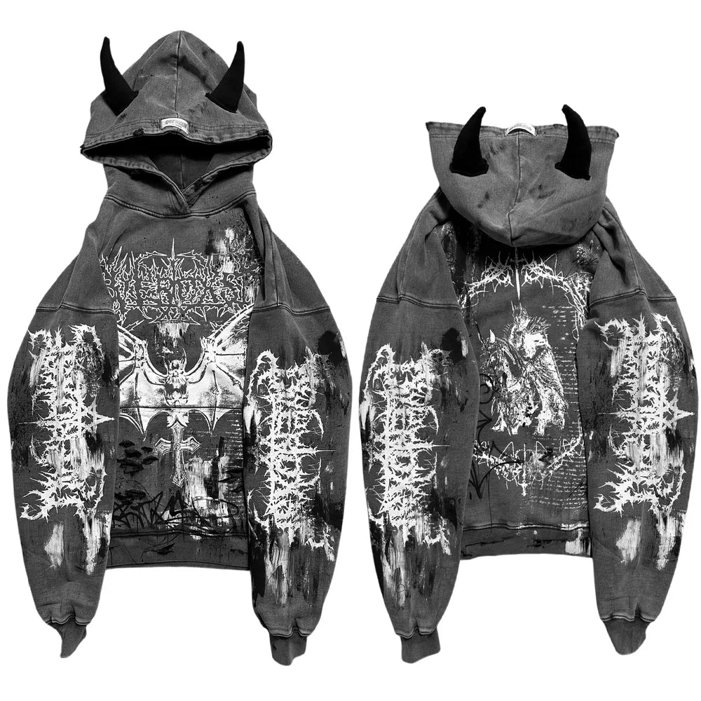 Overdxse Devil Horn Hoodie Gothic Street Clothing Oversized Pullover Unique Horn Design Avant-Garde Fashion Limited Edition