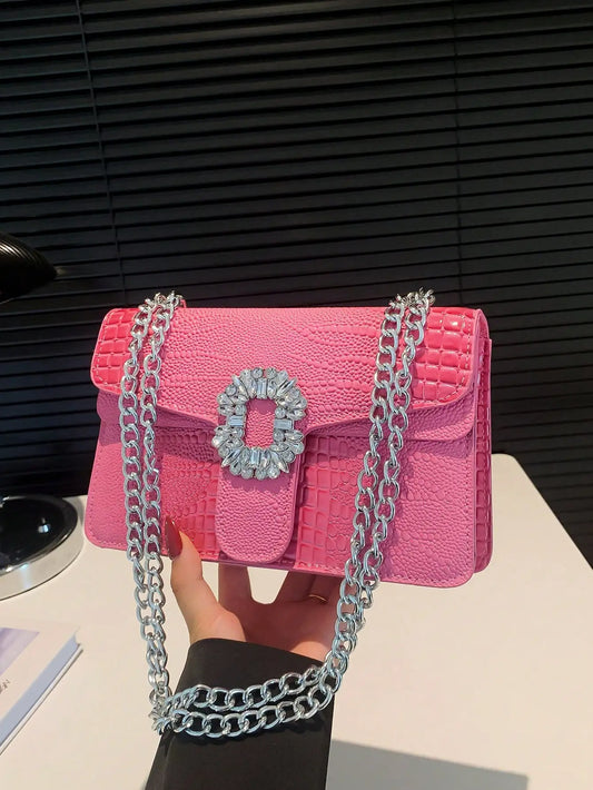 Crocodile Embossed Shoulder Bags for Women Flap PU Leather Fashion Rhinestone Decor Small Square Crossbody Bag Designer Handbag (016)