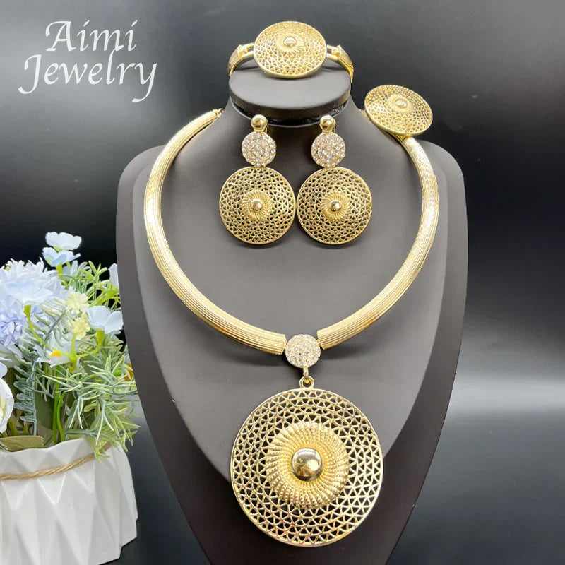 Large round Pendant 18K Gold Plated Jewelry Set for Women Necklace Earrings Bracelet Ring African Bridal Wedding Party Gifts (125)