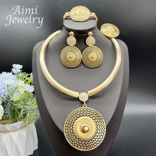 Large round Pendant 18K Gold Plated Jewelry Set for Women Necklace Earrings Bracelet Ring African Bridal Wedding Party Gifts (125)