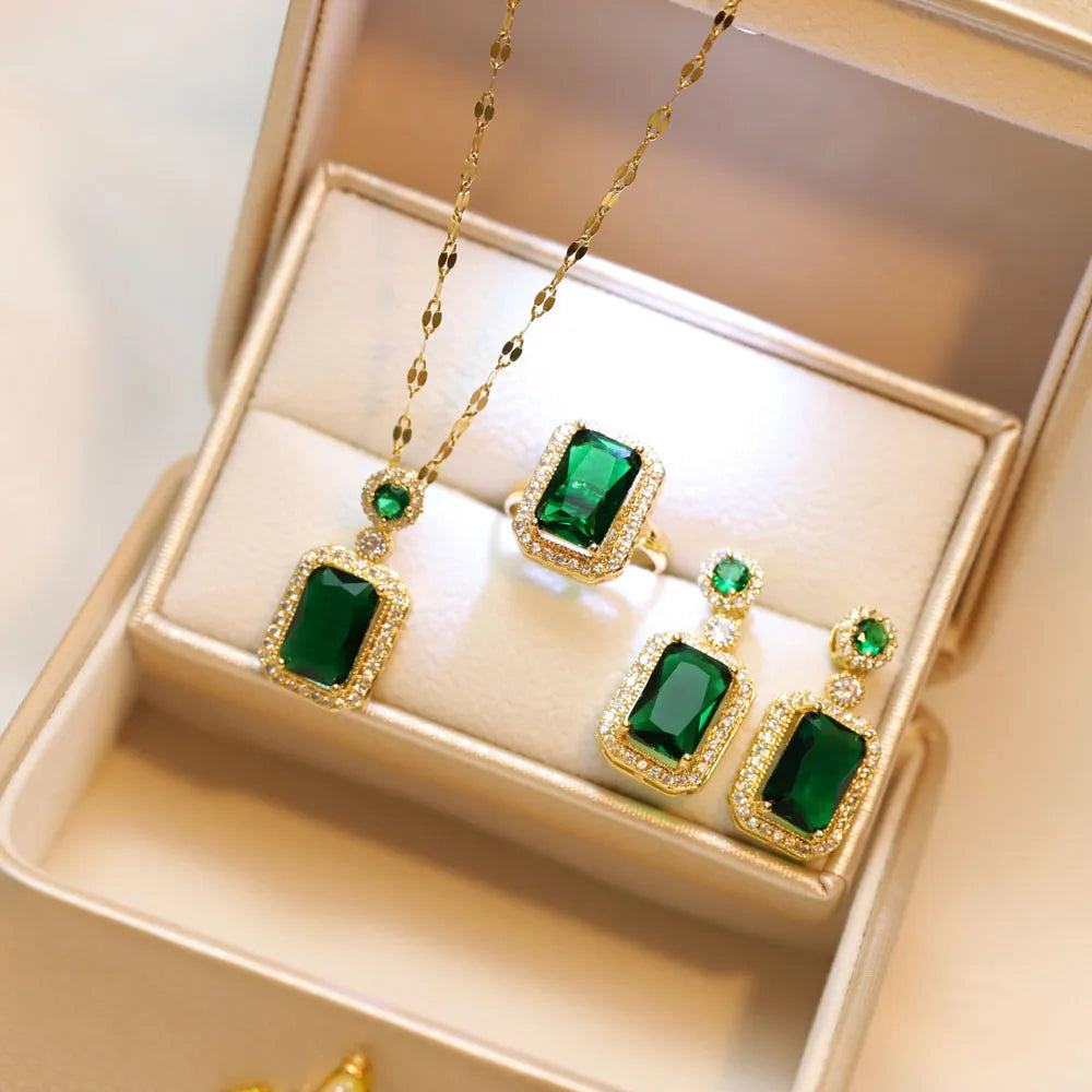 4PCS Sets Exquisite Quadrate Rhinestone Necklace Earrings Ring Jewelry Set Charm Ladies Jewelry Fashion Bridal Gifts (140)