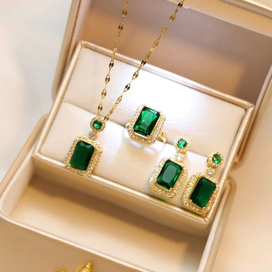 4PCS Sets Exquisite Quadrate Rhinestone Necklace Earrings Ring Jewelry Set Charm Ladies Jewelry Fashion Bridal Gifts (140)