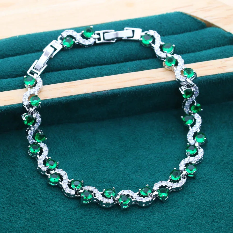 Bridal Silver 925 Jewelry Sets round Green Zircon Bracelets Earrings Rings Pendant Wedding Necklace Set for Women (159)