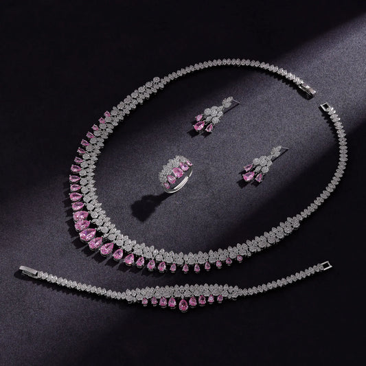 Luxury White Cubic Zirconia Bridal Jewelry Set Brides Accessories Tassel Water Drop Necklace Earring 4Pcs Set for Wedding Party (078)