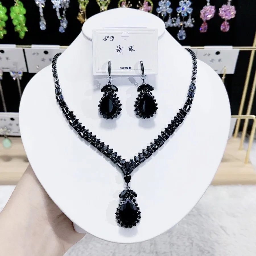 1 Set of Fashionable Blue Waterdrop Zirconia Pendant Necklace, Earrings, Jewelry Set, Women'S Bridal Wedding Banquet Party Daily