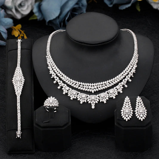 Dazzling Women Wedding ry Set 4 PCS Ring Earring Bracelet Necklace Cubic Zirconia Bridal lery Accessories High Quality (107)