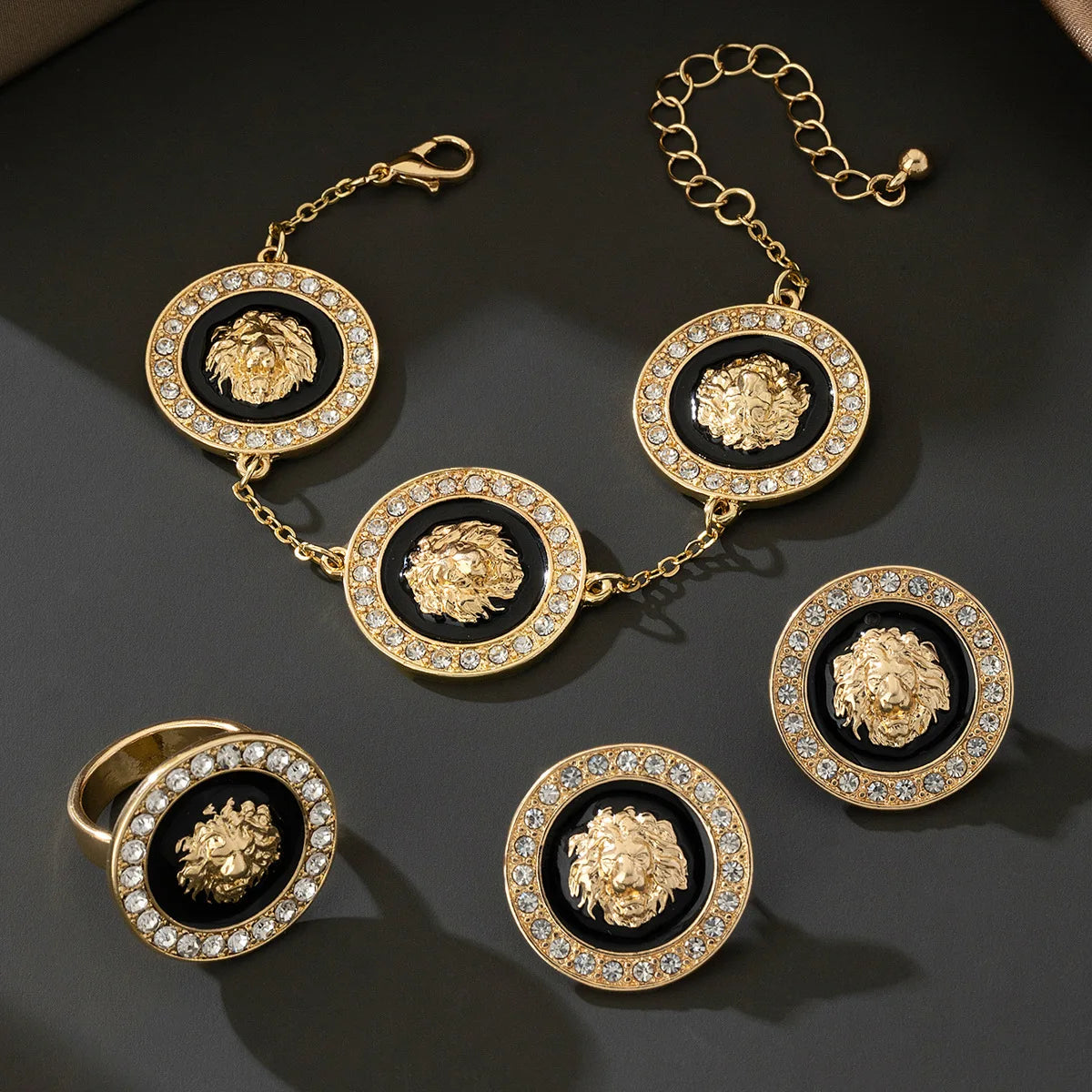 5PCS Lion Head Jewelry Set for Women Men'S Zircon Dripping Oil Animal Pendant Necklace Bangles Chains Bracelet Earring Post Ring (147)