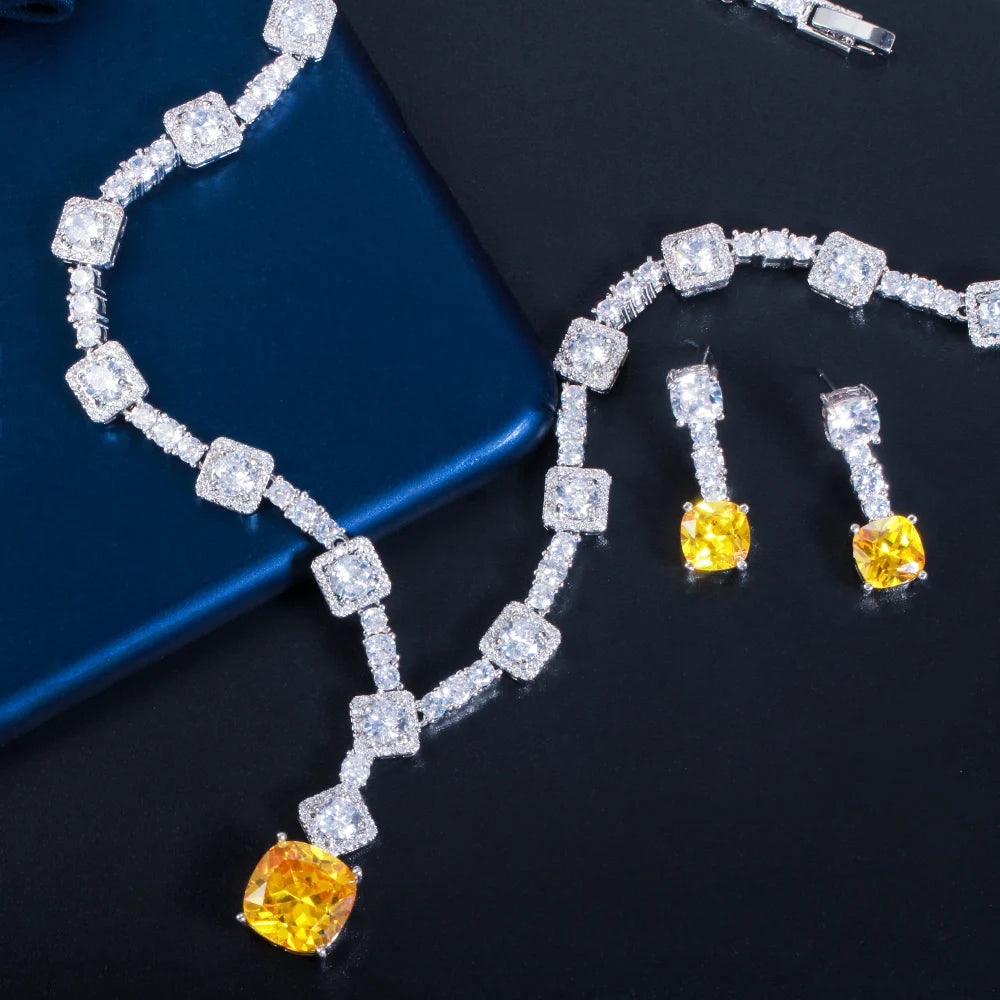 Super Shiny Big Square Yellow Cubic Zirconia Stone Wedding Bridal Necklace Earrings Party Costume Jewelry Sets for Women T0726 (055)