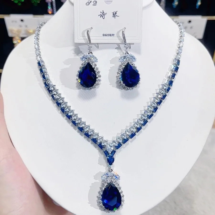 1 Set of Fashionable Blue Waterdrop Zirconia Pendant Necklace, Earrings, Jewelry Set, Women'S Bridal Wedding Banquet Party Daily