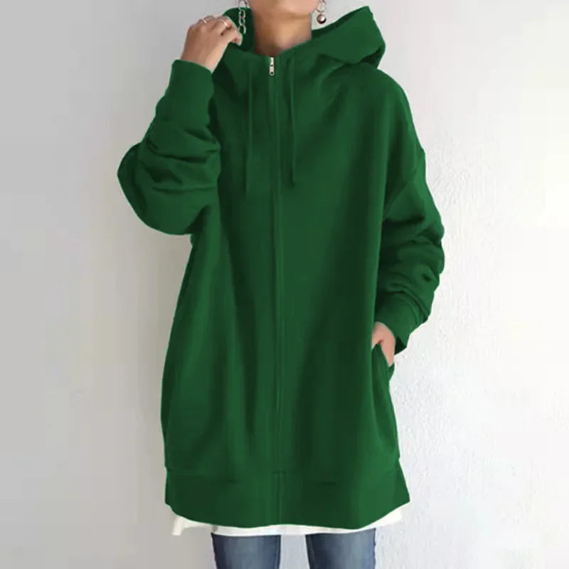 Women Thickened Warm Solid Color Hooded Sweatshirt Double Pockets Zipper Cardigan Hoodie Female Long Outerwear Trend Streetwear