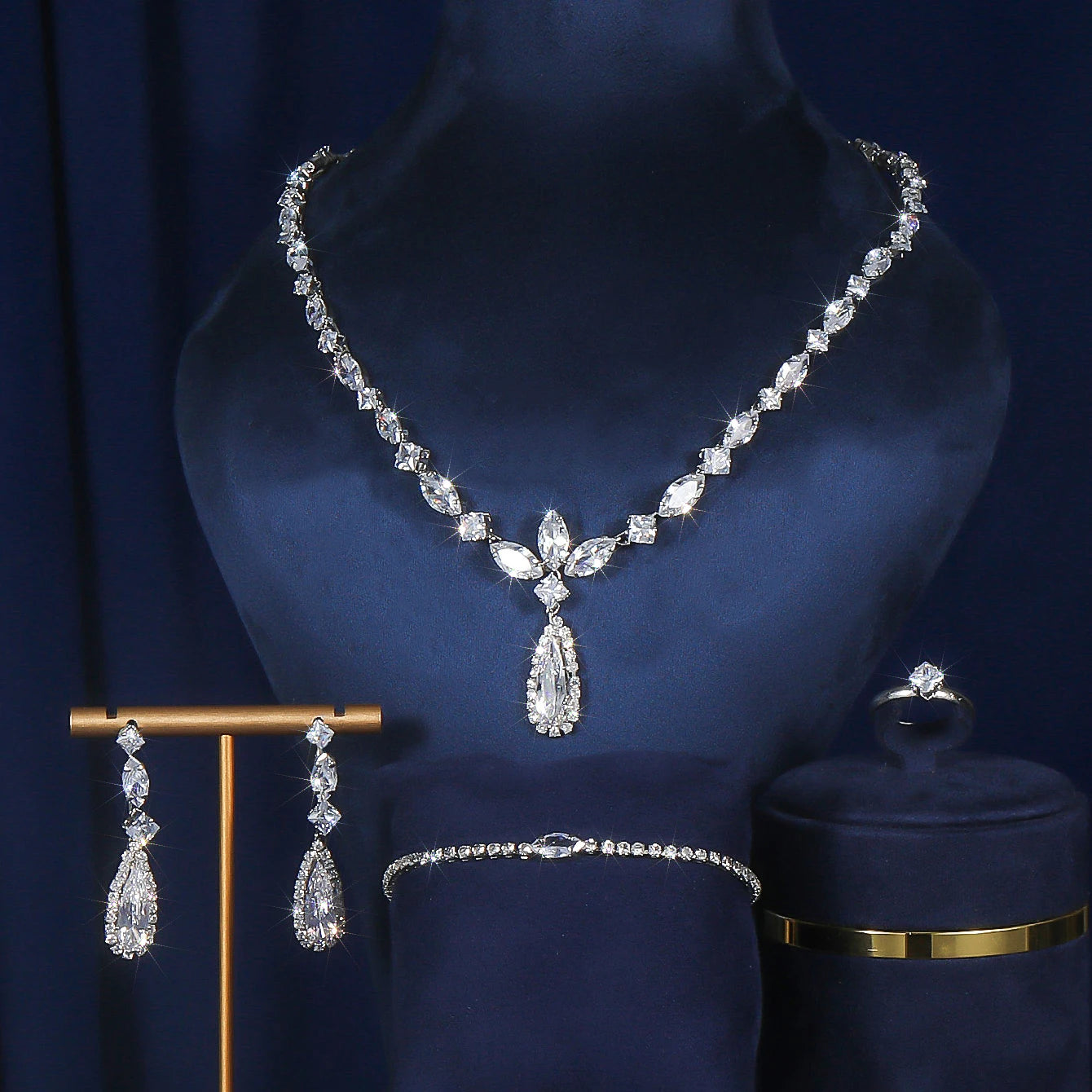 5Pcs/Set Gorgeous Copper Base Inlaid Sparkling Zircon Jewelry Set for Women, Bridal Wedding Wear, Sacrificial Festival Gift (128)