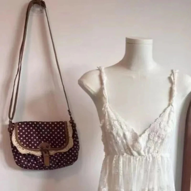 New Korean Polka Dot Niche Design Vintage Women'S Single Shoulder Crossbody Bags Fashion Polka Dot Canvas Bag (053)