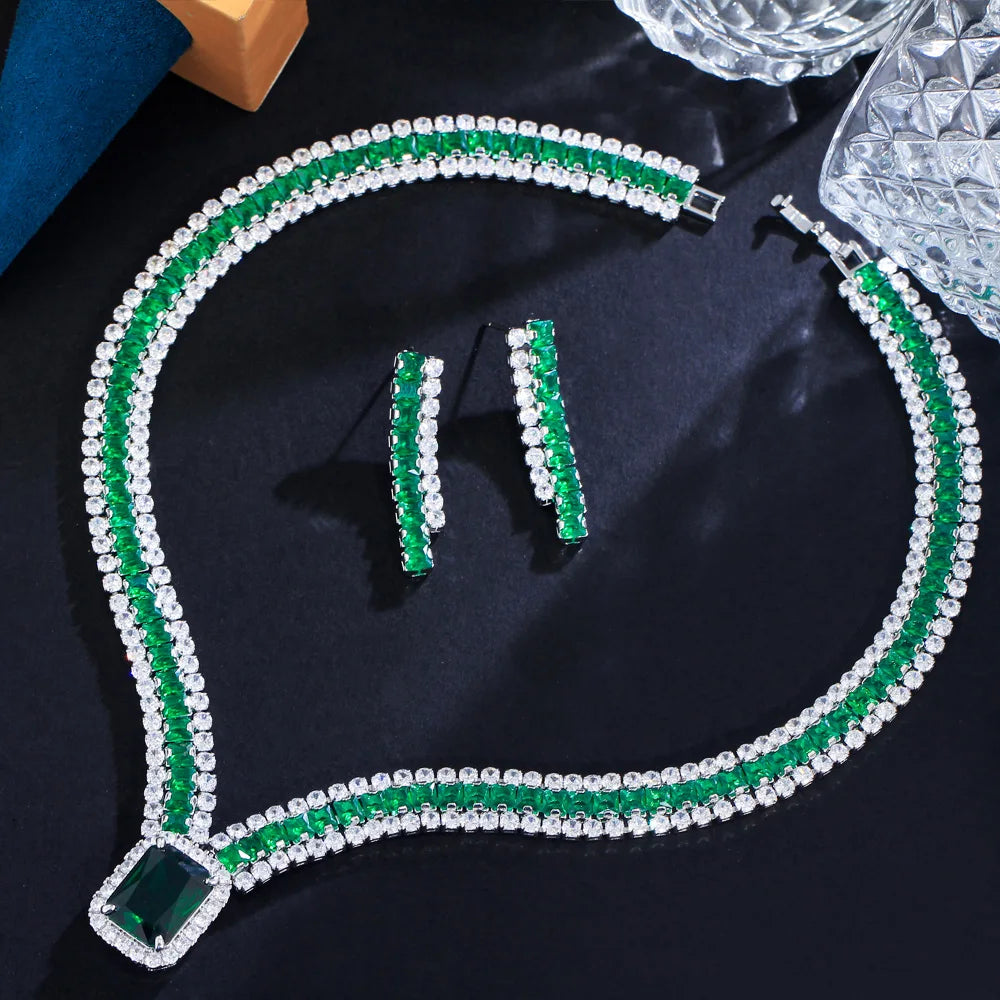 Threegraces Elegant Green Cubic Zirconia Big Geometric Square CZ Necklace and Earrings Luxury Party Jewelry Set for Women TZ936