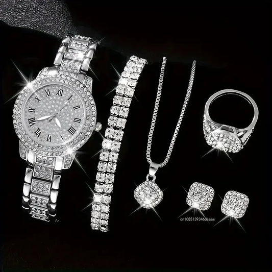 5Pcs Women Rhinestone Watch Fashion Ladies Quartz Wristwatch with Bracelet Necklace Wedding Jewelry for Gift (119)