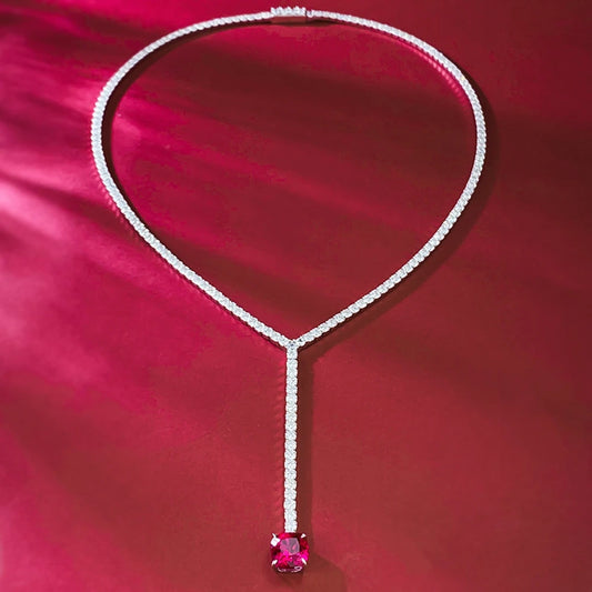 Vintage 100% 925 Sterling Silver 8*8 MM Ruby High Carbon Diamond Gems Tennis Chain Necklace Pendant Jewelry for Women (097)