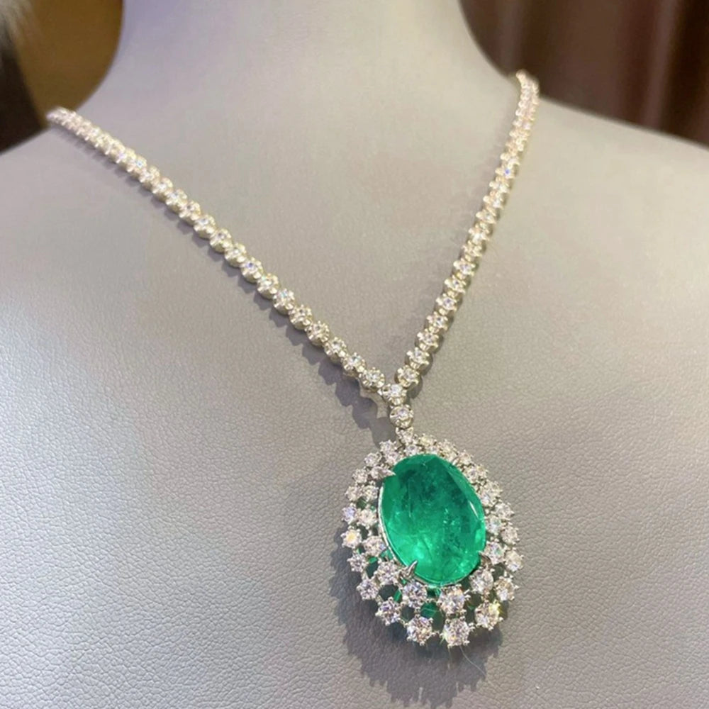 Vintage 100% 925 Sterling Silver Oval Cut Emerald High Carbon Diamond Gemstone Pendant Necklace for Women Fine Jewelry (092)
