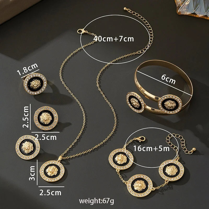 5Pcs/Set Gold-Plated Lion Head Party Jewelry Set for Women Crystal Pendant Necklace Bracelet Chains Bangles Earrings Ring (135)