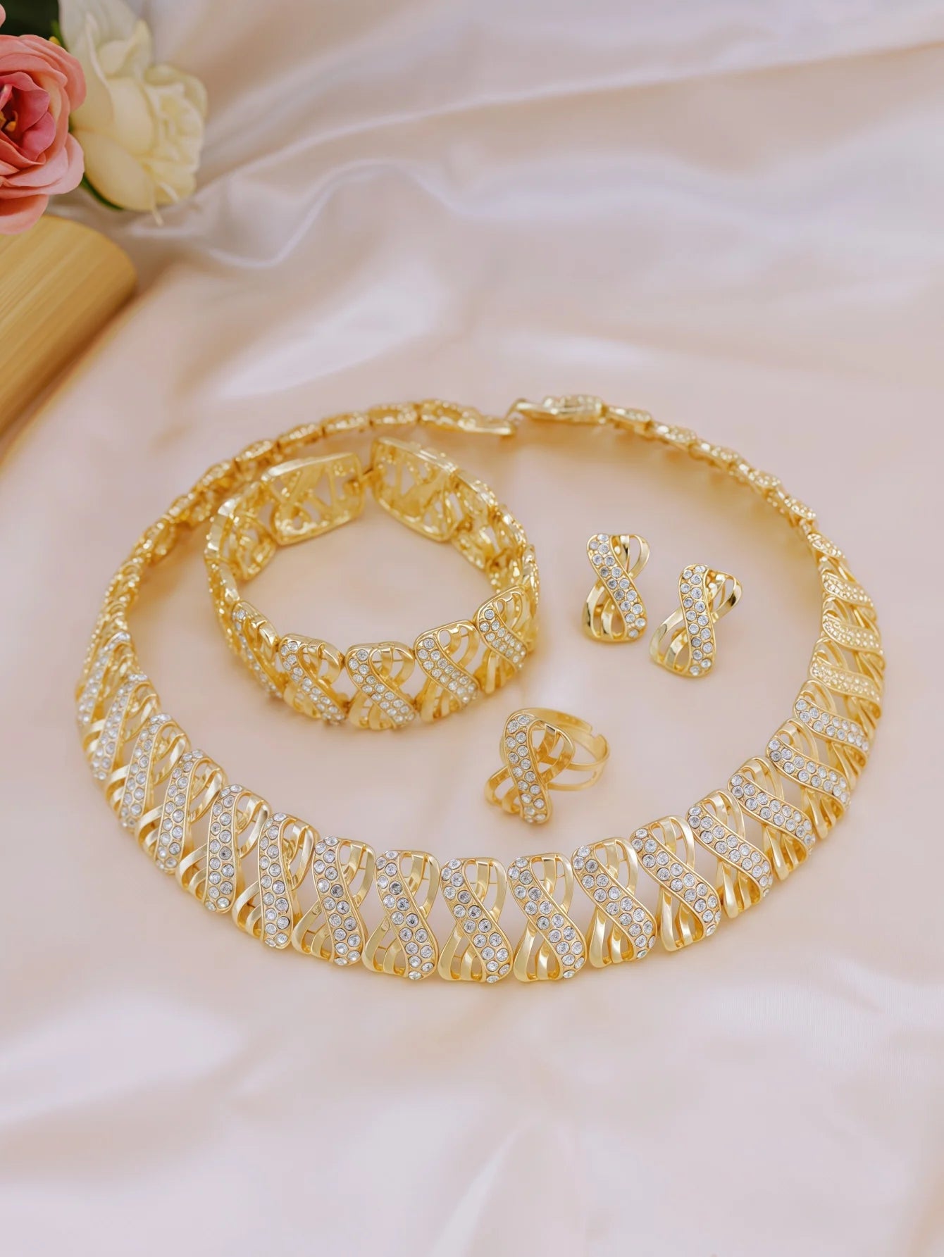 5 Piece Traditional Bridal Jewelry Set 18K Gold Plated Stylish Bow Infinity Design with Rhinestones to Match Your Everyday Outfi (127)