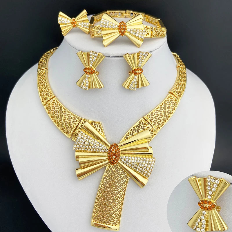 Italy 18K Gold Plated Women Jewelry Set Classic Design Bowknot Necklace Earring Bracelet and Ring 4PCS Set Jewelry Wedding Party
