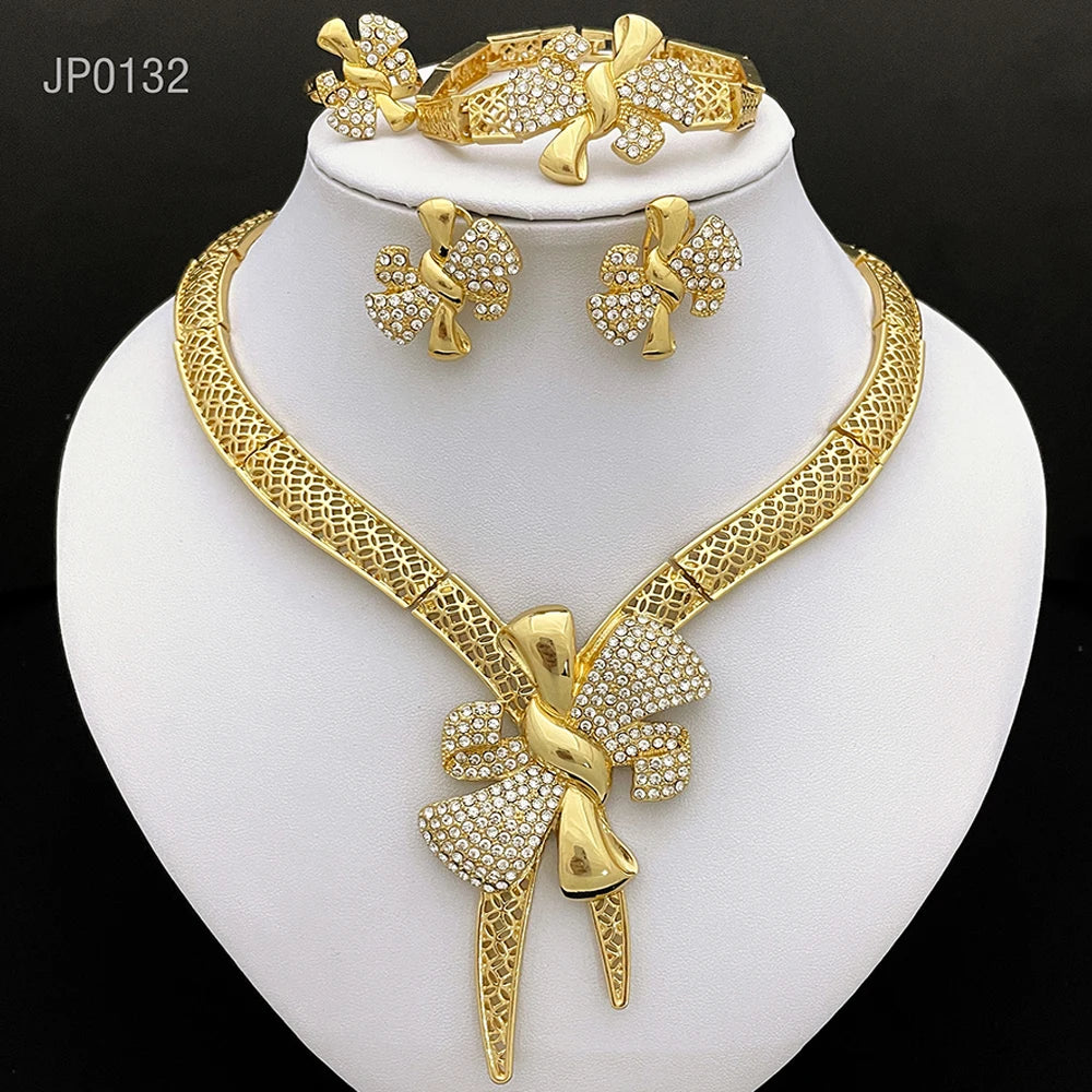 Italy 18K Gold Plated Women Jewelry Set Classic Design Bowknot Necklace Earring Bracelet and Ring 4PCS Set Jewelry Wedding Party