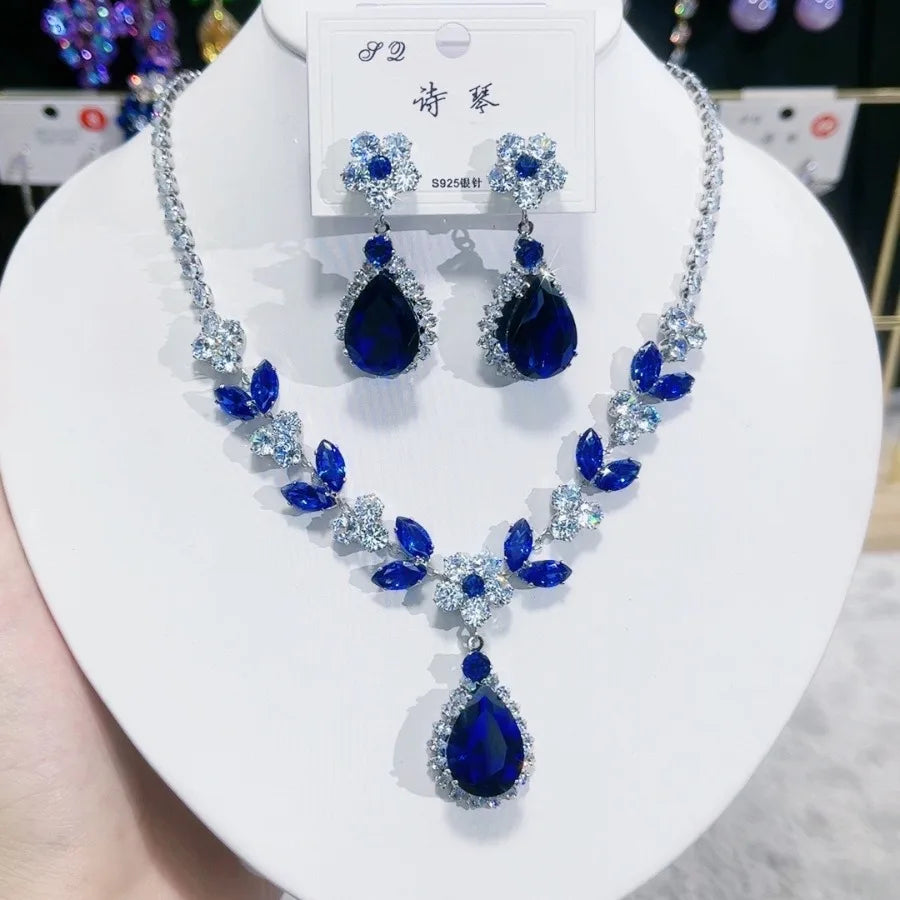 1 Set of Fashionable Blue Waterdrop Zirconia Pendant Necklace, Earrings, Jewelry Set, Women'S Bridal Wedding Banquet Party Daily