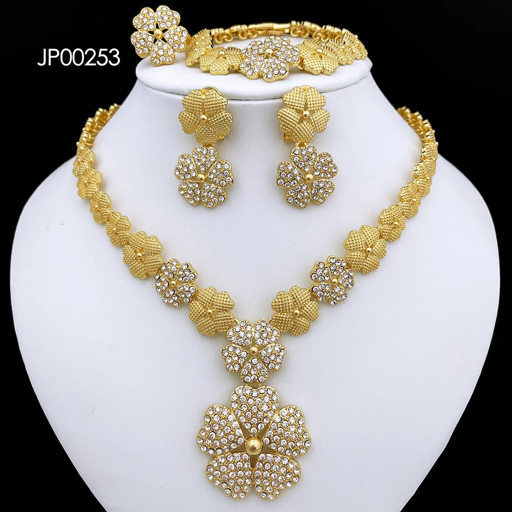 Dubai Nigeria Jewelry Sets for Women Luxury Design Five Petals Flower Pendant Necklace Earring Bracelet and Ring
