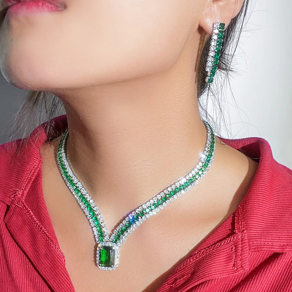Threegraces Elegant Green Cubic Zirconia Big Geometric Square CZ Necklace and Earrings Luxury Party Jewelry Set for Women TZ936