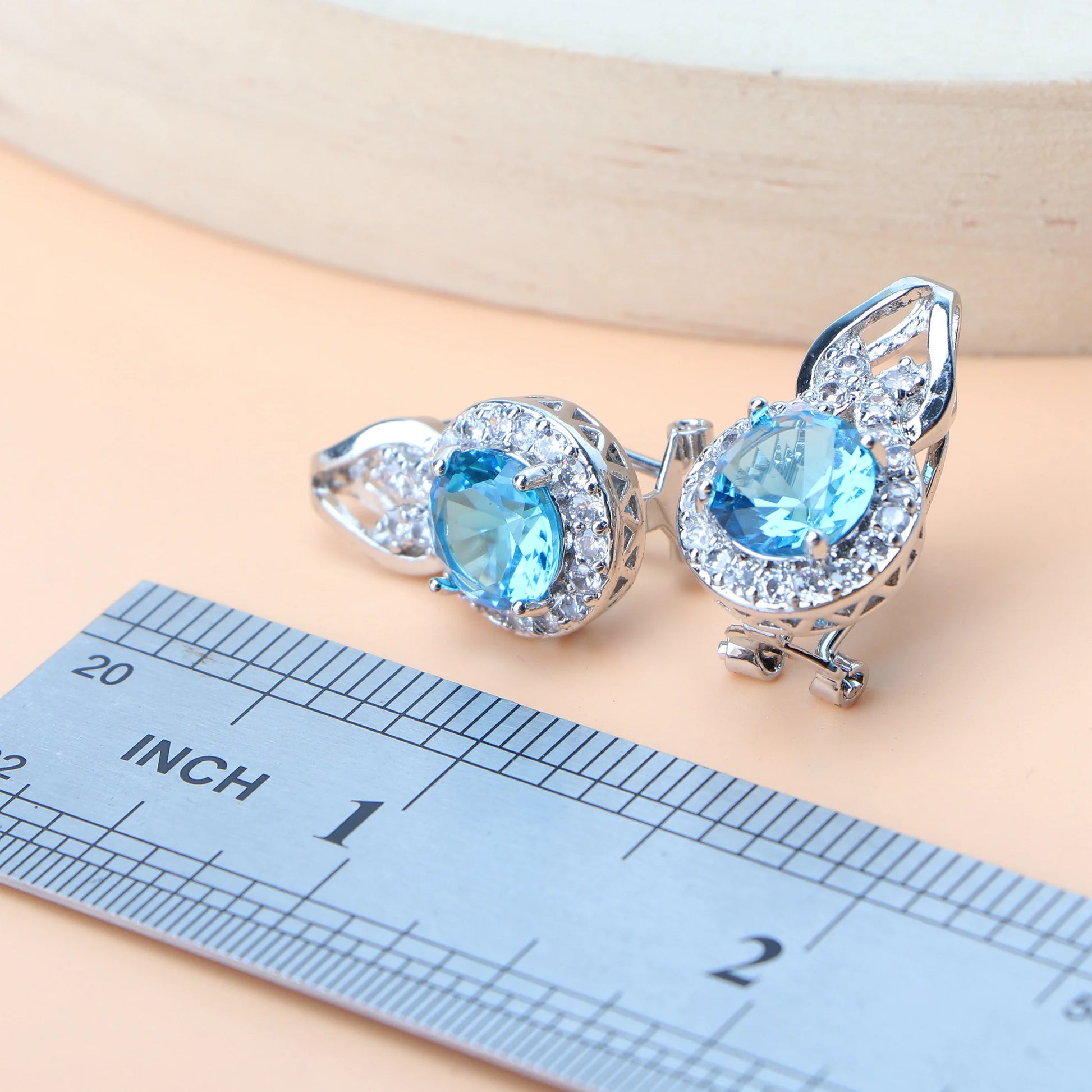 Ladies round Blue Zircon Jewelry Sets 925 Sterling Silver Earrings Rings Bracelets for Women Wedding Pendant Necklace Birdal Set (157)