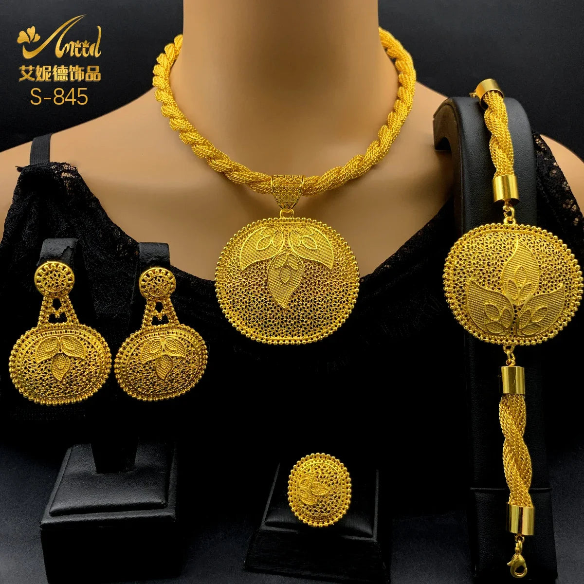 Luxury Dubai 24K Gold Color Jewelry Set for Women Ethiopian Indian Bridal Irregular Necklace and Earrings Sets Wedding Gifts (117)