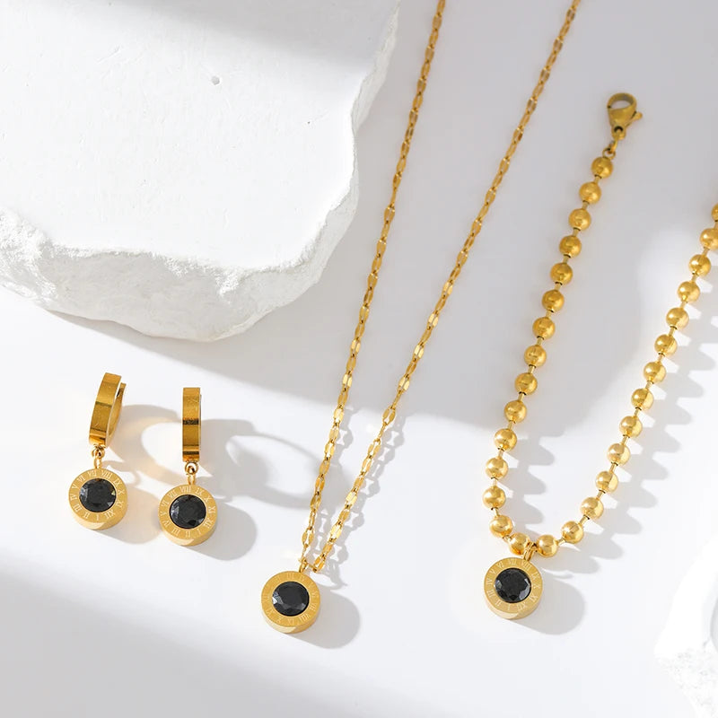 Roman Black Zircon Necklace Bracelet Earrings Set for Women 316L Stainless Steel Hypoallergenic Waterproof Jewelry Gift (145)