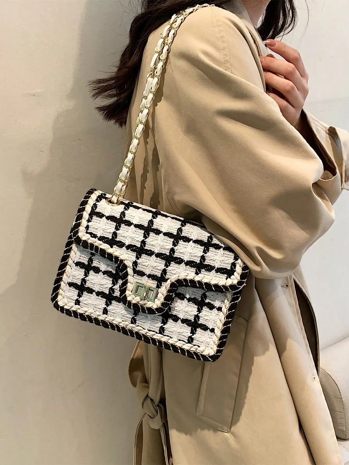 Black & White Plaid Casual Shoulder Bag Crossbody Handbag Women'S Shoulder Bags Handbags with Top Handle Fashion Square Bag (034)