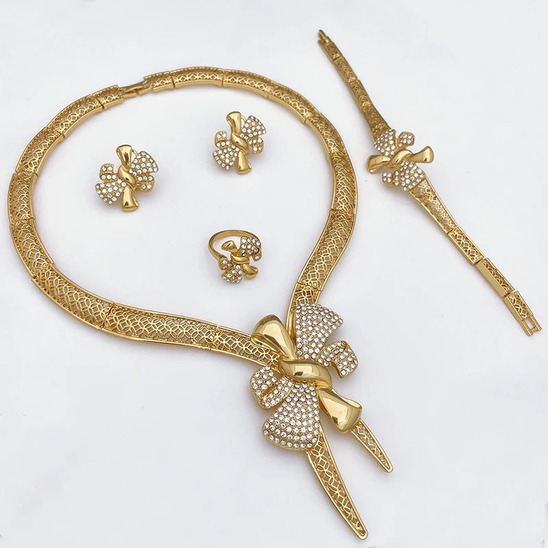 Italy 18K Gold Plated Women Jewelry Set Classic Design Bowknot Necklace Earring Bracelet and Ring 4PCS Set Jewelry Wedding Party
