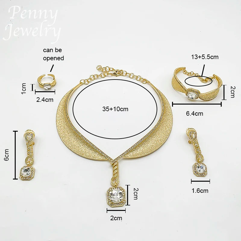 Rhinestone Bohemian Gold Plated 4Pcs Jewelry Set for Women Necklace Drop Earrings Bracelet Ring Bridal Wedding Party Gifts (148)