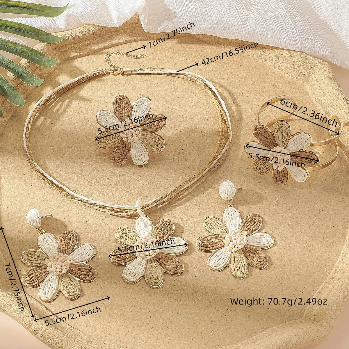 5Pcs/Set Handmade Raffia Woven Earrings Necklace Bracelet Ring for Women Summer Boho Geometric Rattan Knit Jewelry Sets Gifts (118)