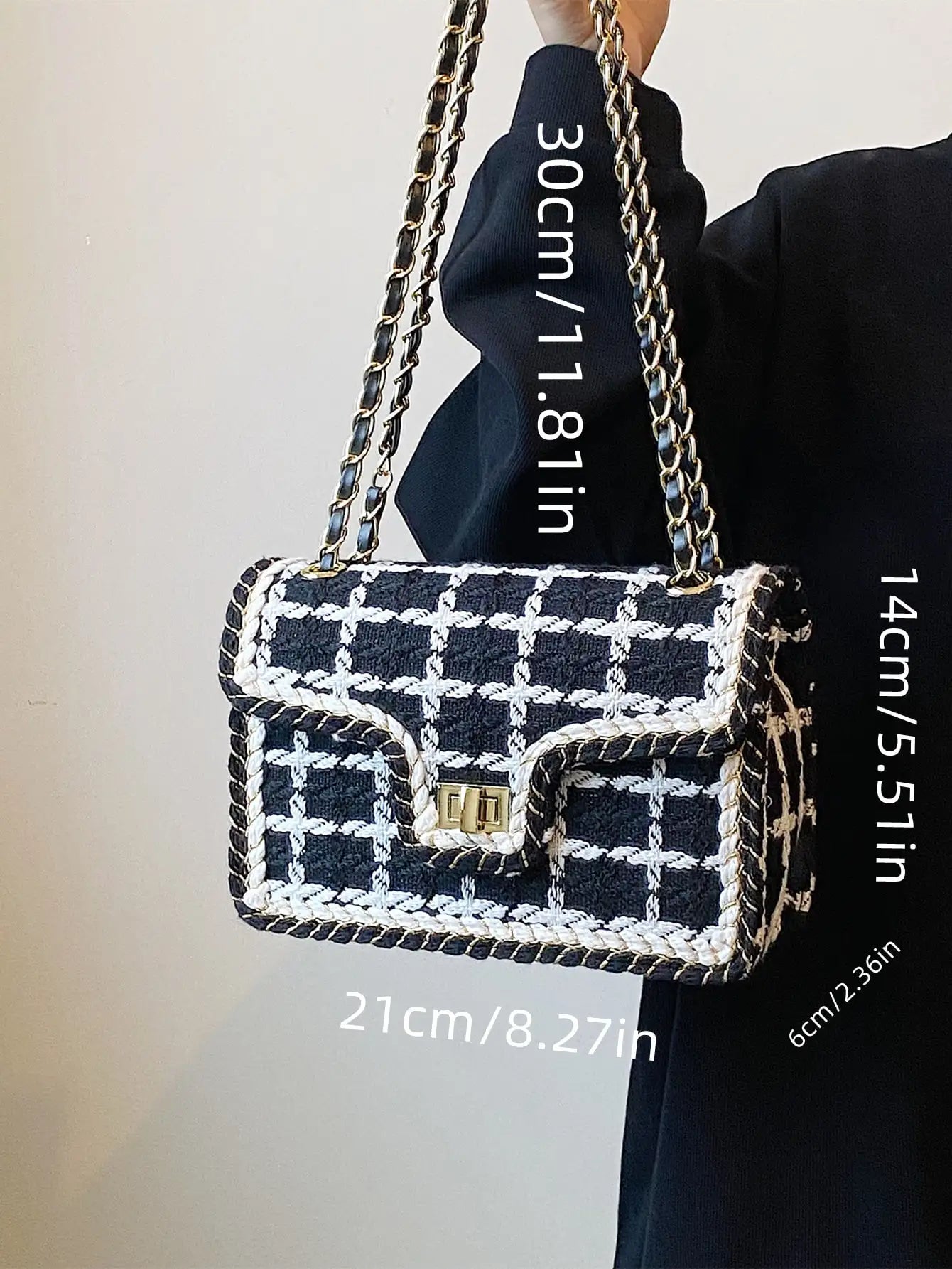 Black & White Plaid Casual Shoulder Bag Crossbody Handbag Women'S Shoulder Bags Handbags with Top Handle Fashion Square Bag (034)