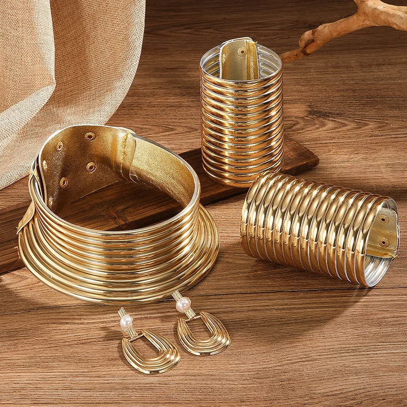 5Pcs/Set Vintage Leather African Jewelry Set Choker Necklace Bracelet Earrings Set for Women Collar Necklace Set Jewelry Gifts (124)