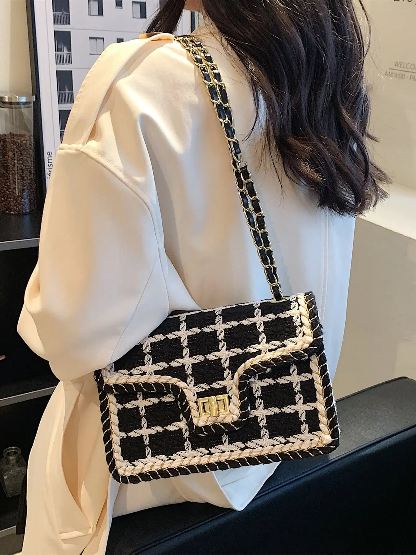 Black & White Plaid Casual Shoulder Bag Crossbody Handbag Women'S Shoulder Bags Handbags with Top Handle Fashion Square Bag (034)