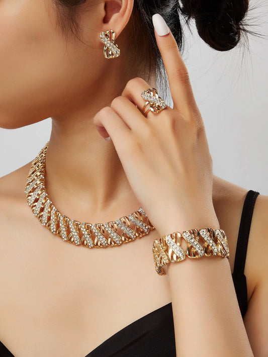 5 Piece Traditional Bridal Jewelry Set 18K Gold Plated Stylish Bow Infinity Design with Rhinestones to Match Your Everyday Outfi (127)
