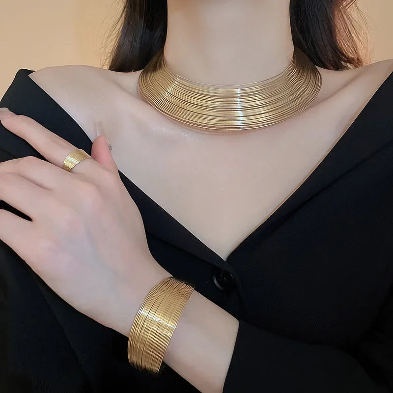 5 Pcs Metal Geometric Multi-Layer Jewelry Sets for Women 2025 European and American Temperament Necklace Earring Ring Set (155)